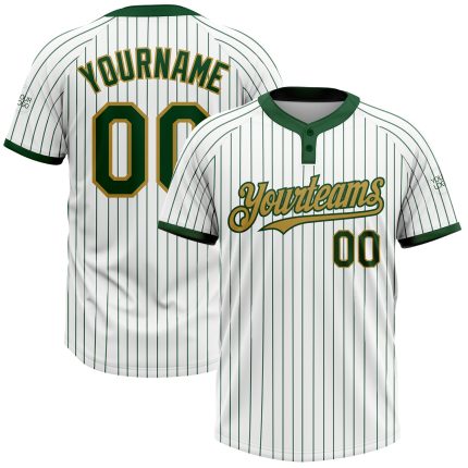 Custom Name and Number Softball Jersey - Personalized Unisex Two-Button White Green Pinstripe Old Gold Design Personalized
