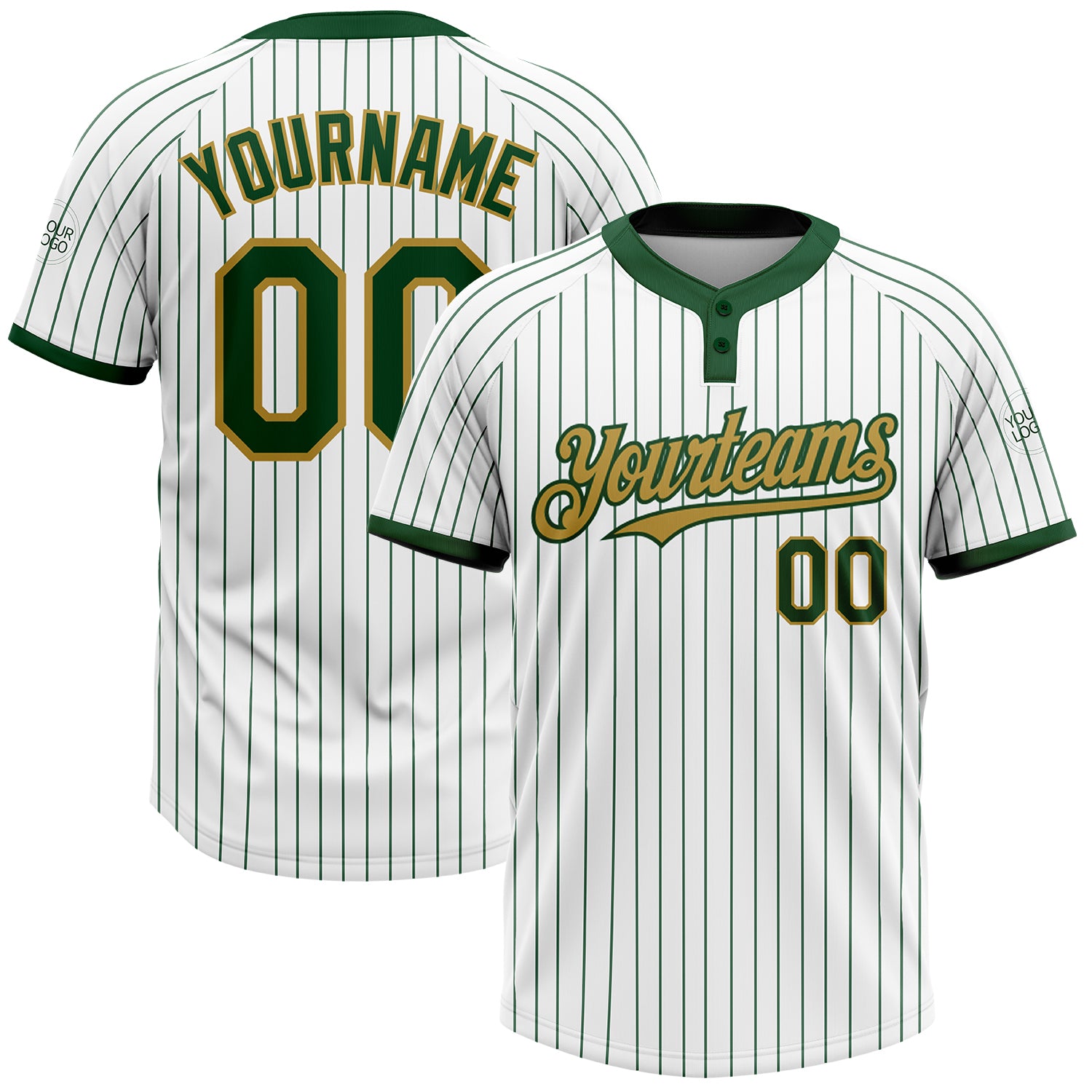 Custom Name and Number Softball Jersey - Personalized Unisex Two-Button White Green Pinstripe Old Gold Design Personalized
