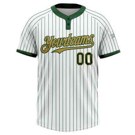 Custom Name and Number Softball Jersey - Personalized Unisex Two-Button White Green Pinstripe Old Gold Design Personalized
