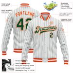 Custom Name Number Personalized Varsity Letterman Jacket Bomber in White Green Pinstripe Orange - Full-Snap Design Personalized