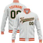 Custom Name Number Personalized Varsity Letterman Jacket Bomber in White Green Pinstripe Orange - Full-Snap Design Personalized