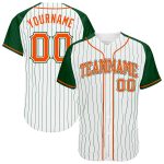 Custom Name and Number Baseball Jersey in White Green Pinstripe with Orange-Green Authentic Raglan Sleeves Personalized White