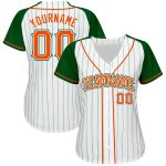 Custom Name and Number Baseball Jersey in White Green Pinstripe with Orange-Green Authentic Raglan Sleeves Personalized White