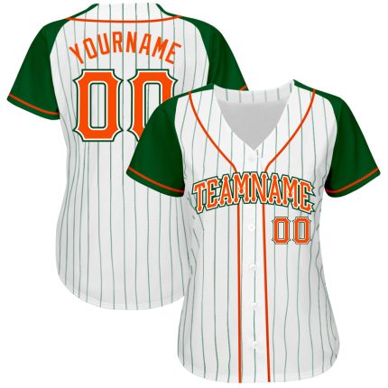 Custom Name and Number Baseball Jersey in White Green Pinstripe with Orange-Green Authentic Raglan Sleeves Personalized White