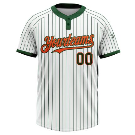 Custom Unisex Softball Jersey with Personalized Name & Number, Two-Button Design in White Green Pinstripe & Orange Personalized