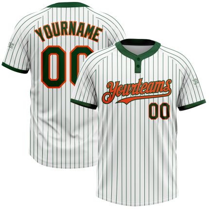 Custom Unisex Softball Jersey with Personalized Name & Number, Two-Button Design in White Green Pinstripe & Orange Personalized