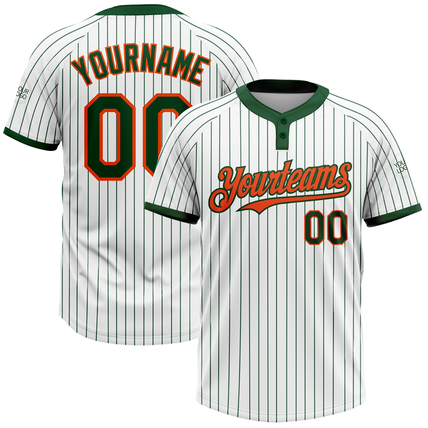 Custom Unisex Softball Jersey with Personalized Name & Number, Two-Button Design in White Green Pinstripe & Orange Personalized