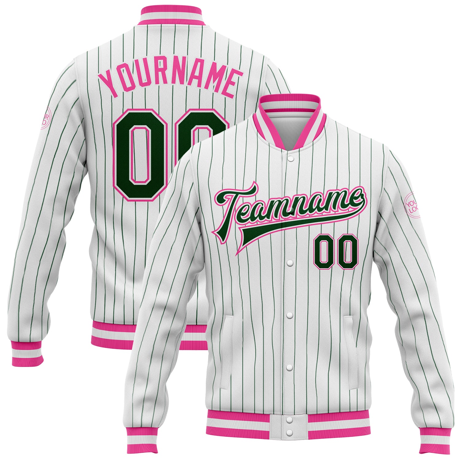 Custom Name Number Varsity Jacket White Green Pinstripe Pink Bomber Full-Snap Letterman for Teams Personalized White Green