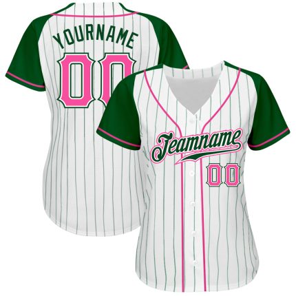 Personalized Authentic Baseball Jersey with Custom Name & Number - White Green Pinstripe Raglan Sleeves for Team Support