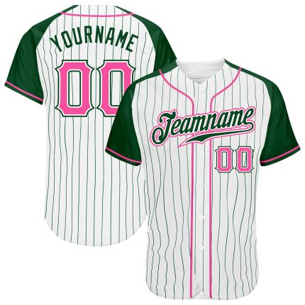 Personalized Authentic Baseball Jersey with Custom Name & Number - White Green Pinstripe Raglan Sleeves for Team Support