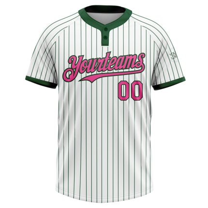 Custom Name and Number Unisex Softball Jersey - Personalized White Green Pinstripe Two-Button Design Personalized White Green