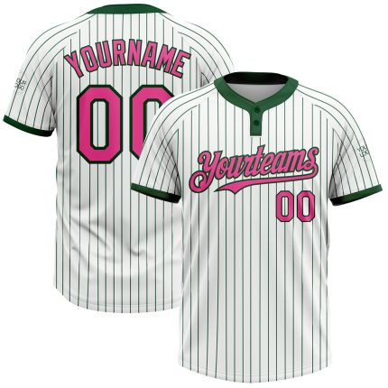 Custom Name and Number Unisex Softball Jersey - Personalized White Green Pinstripe Two-Button Design Personalized White Green