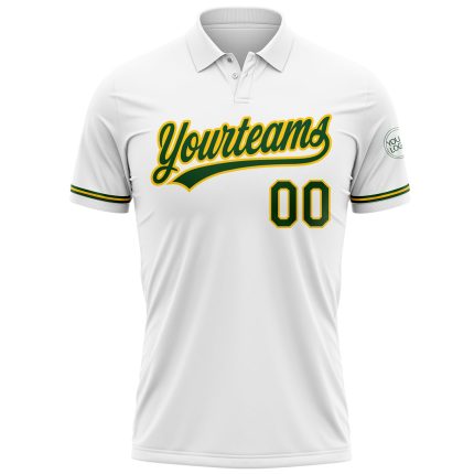 Custom Performance Vapor Golf Polo Shirt - Personalized White Green-Yellow with Team Name and Number Personalized White Green-Yellow