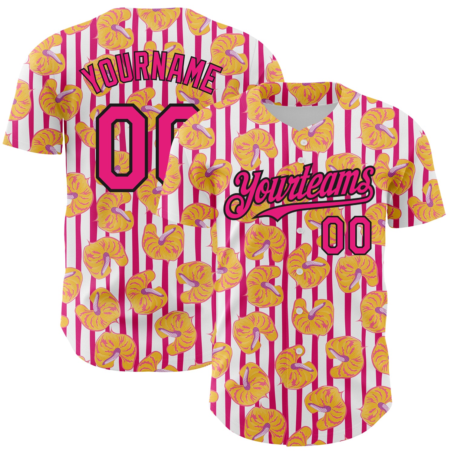 Custom Name and Number Tropical Anthurium Flower Baseball Jersey - Personalized 3D Hot Pink and Black Design Personalized