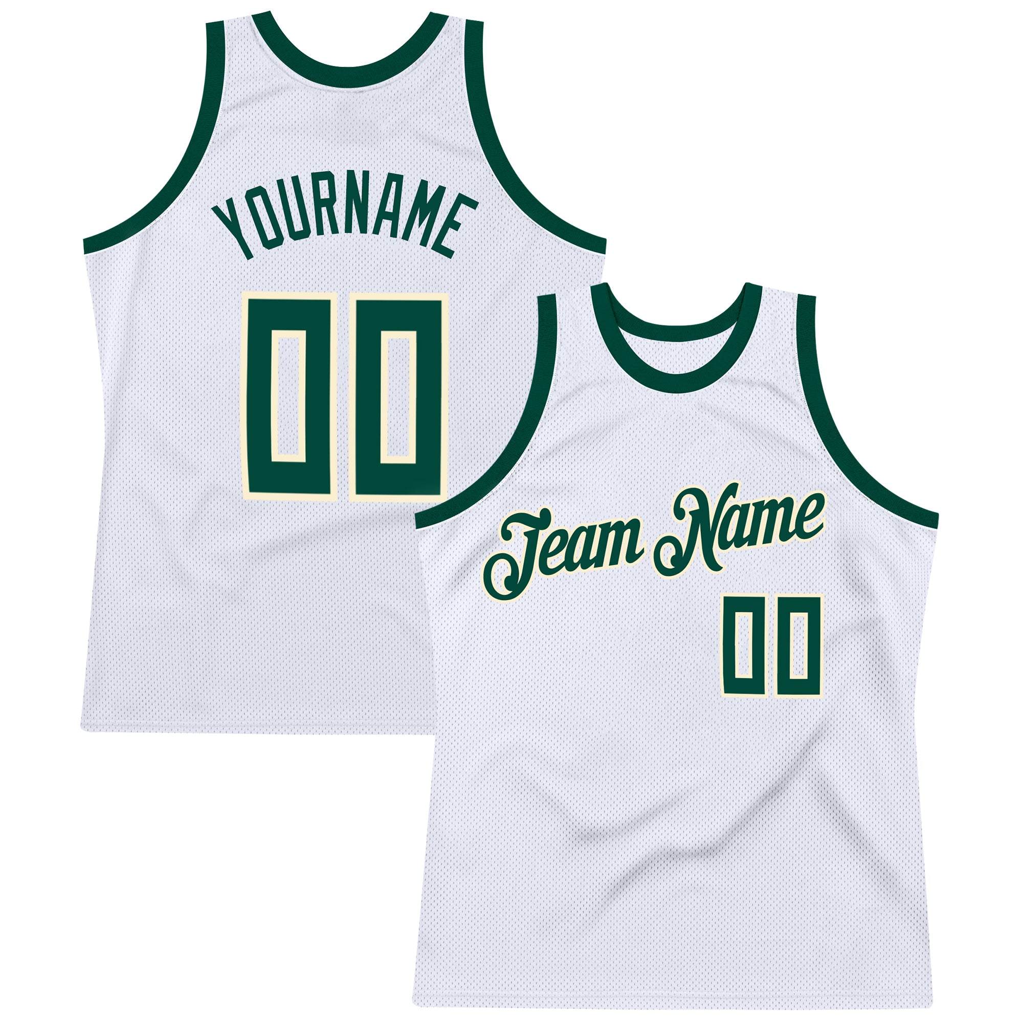 Custom Name and Number Authentic Basketball Jersey in White Hunter Green-Cream - Personalized Throwback Style Personalized