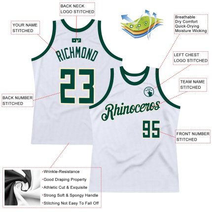 Custom Name and Number Authentic Basketball Jersey in White Hunter Green-Cream - Personalized Throwback Style Personalized
