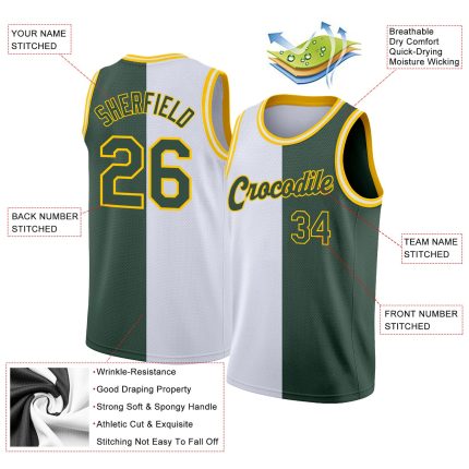 Custom Split Fashion Basketball Jersey - Personalized White Hunter Green Gold - Team Name & Number Personalized White Hunter