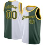 Custom Split Fashion Basketball Jersey - Personalized White Hunter Green Gold - Team Name & Number Personalized White Hunter