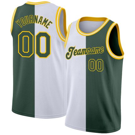 Custom Split Fashion Basketball Jersey - Personalized White Hunter Green Gold - Team Name & Number Personalized White Hunter