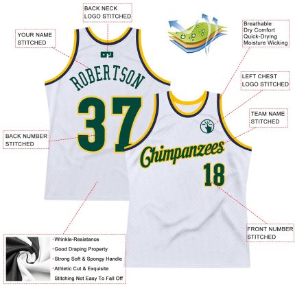 Custom Name and Number Personalized Basketball Jersey - Authentic Throwback in White Hunter Green Gold Personalized White