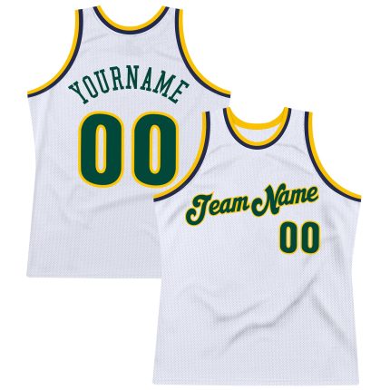 Custom Name and Number Personalized Basketball Jersey - Authentic Throwback in White Hunter Green Gold Personalized White