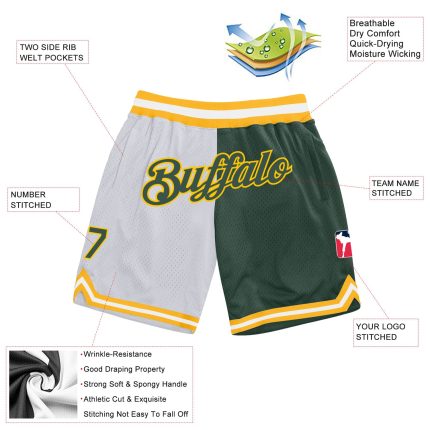 Custom Name Number Basketball Shorts Authentic Split Fashion Hunter Green Gold Personalized White Personalized White Hunter