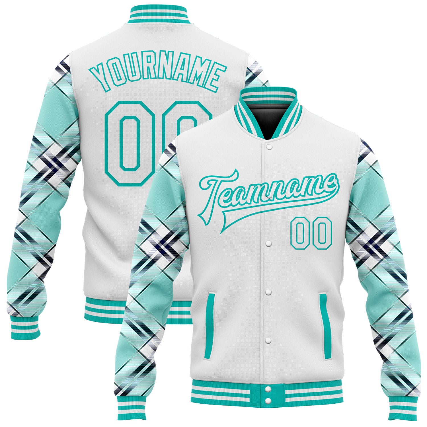 Custom Name Number Varsity Letterman Jacket 3D Aqua Navy Check Design Bomber Personalized White Full-Snap Team Apparel Personalized