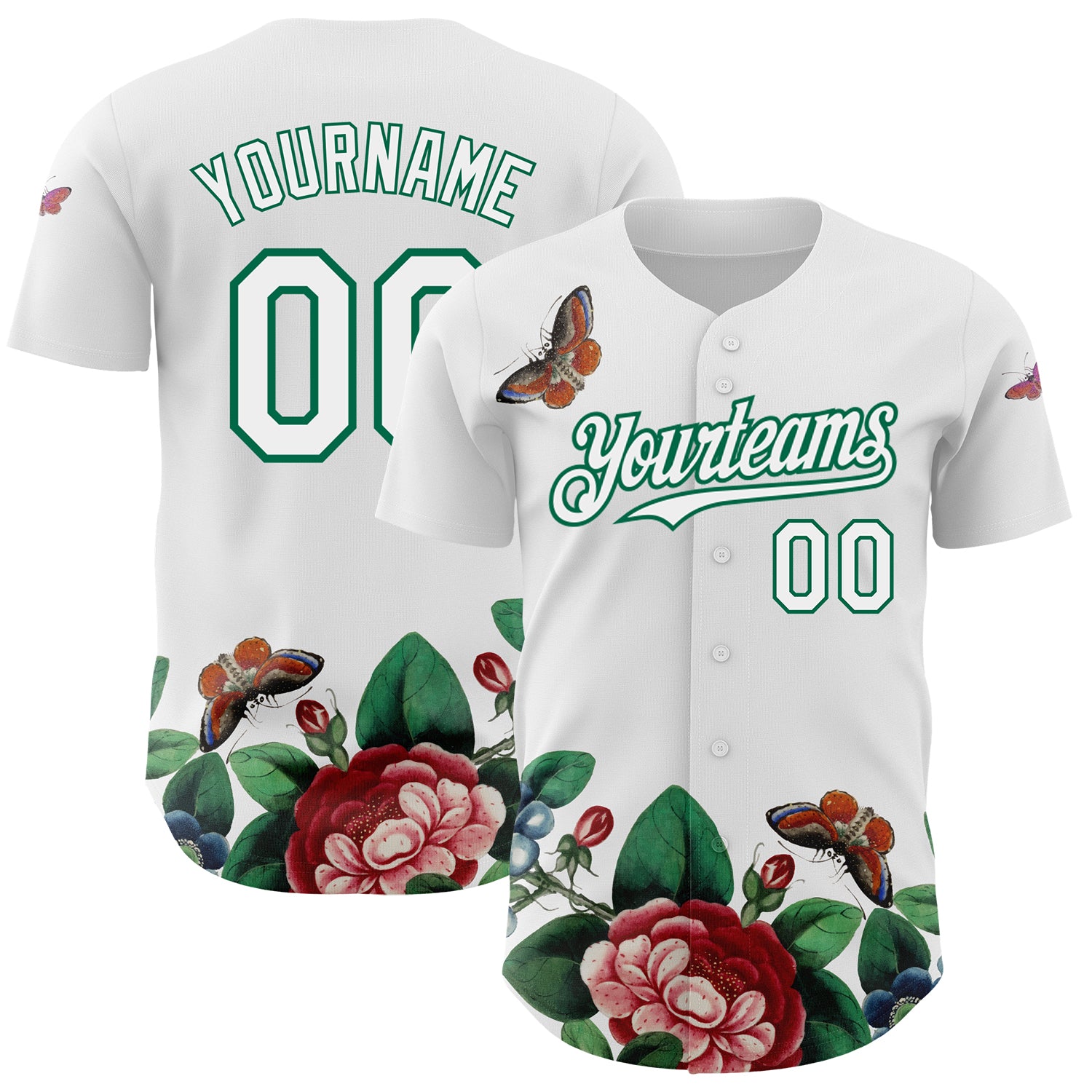 Personalized Butterfly Flower Baseball Jersey with Custom Name & Number - White Kelly Green 3D Pattern Design Personalized
