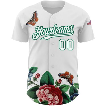 Personalized Butterfly Flower Baseball Jersey with Custom Name & Number - White Kelly Green 3D Pattern Design Personalized