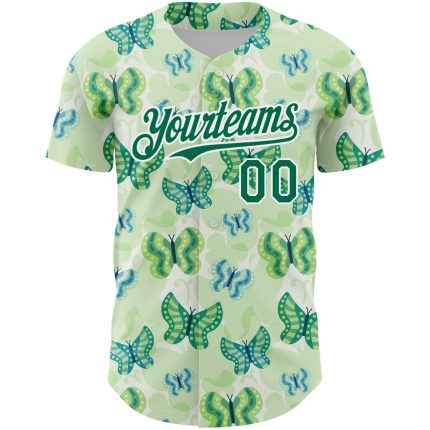 Custom Name and Number Baseball Jersey - Personalized 3D Butterfly Design in White and Kelly Green Personalized White Kelly