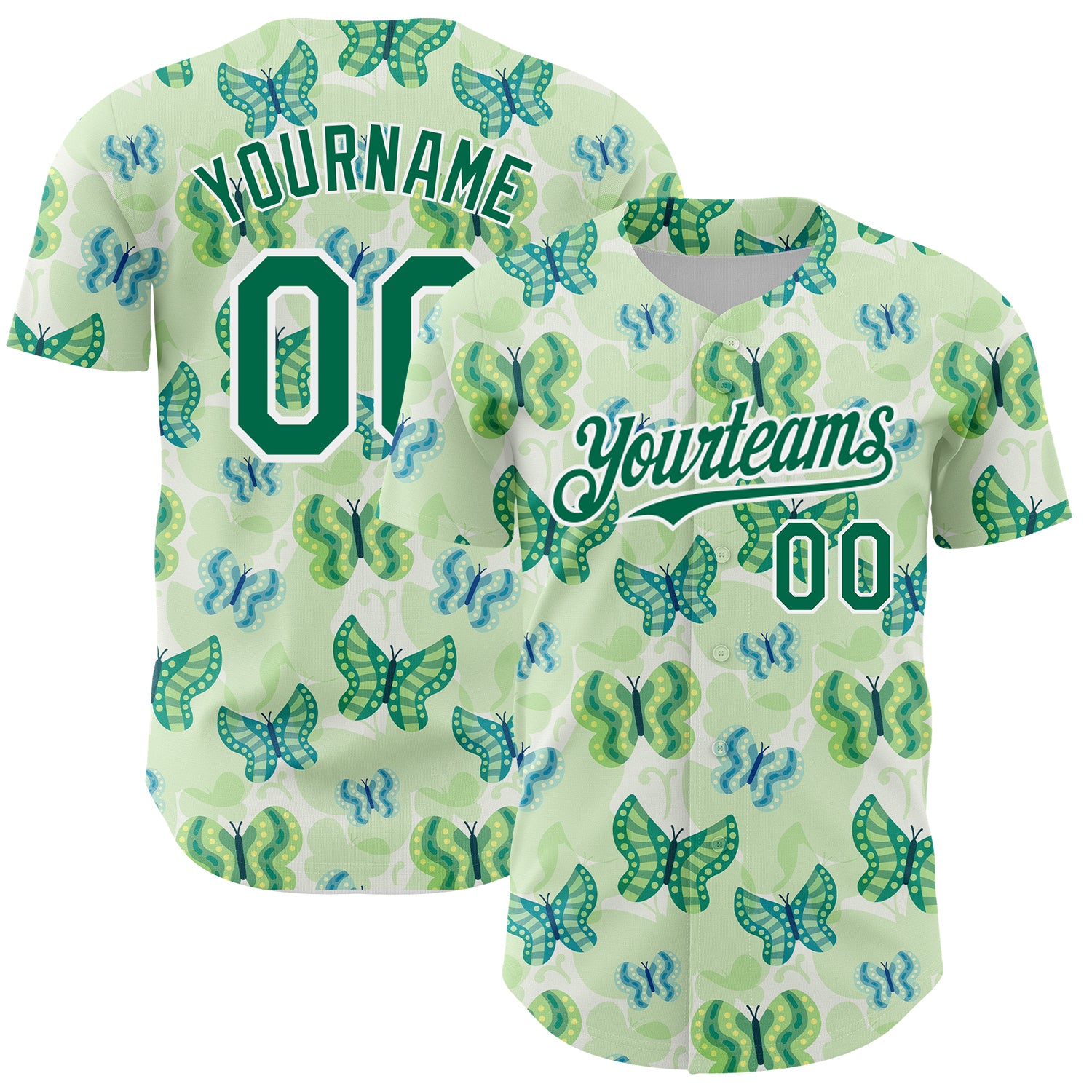 Custom Name and Number Baseball Jersey - Personalized 3D Butterfly Design in White and Kelly Green Personalized White Kelly