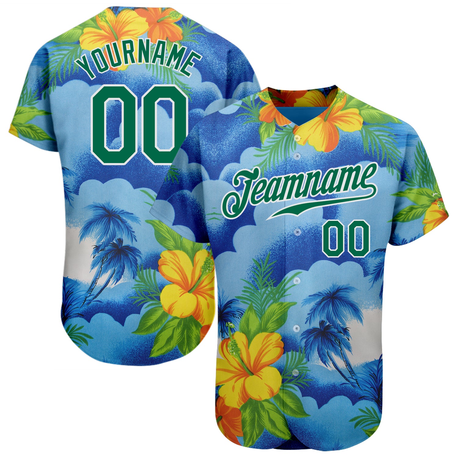 Custom Beach Baseball Jersey with Hawaii Palm Trees and Flower 3D Pattern - Personalized Team Name & Number in Kelly Green