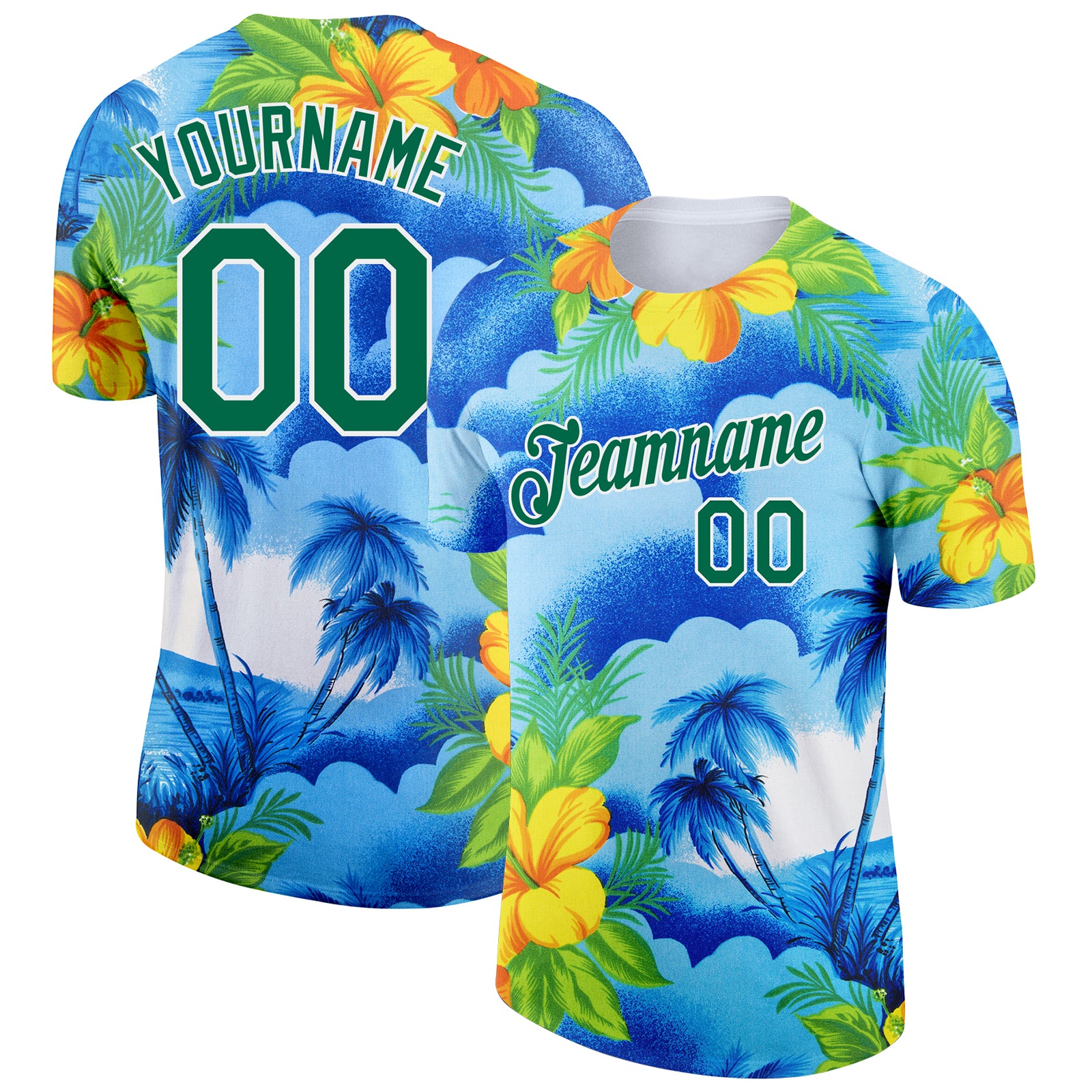 Custom Name and Number Performance T-Shirt with 3D Hawaii Palm Trees and Flowers Pattern - Personalized White and Kelly Green Design