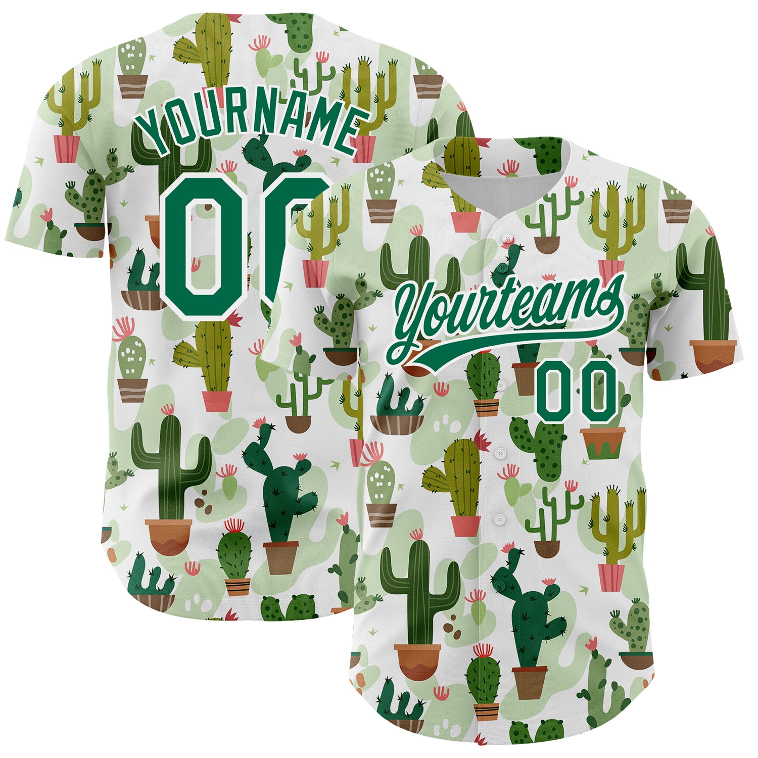 Custom Name Number Personalized Cactus Festival Baseball Jersey 3D Pattern Design in White Kelly Green Personalized White
