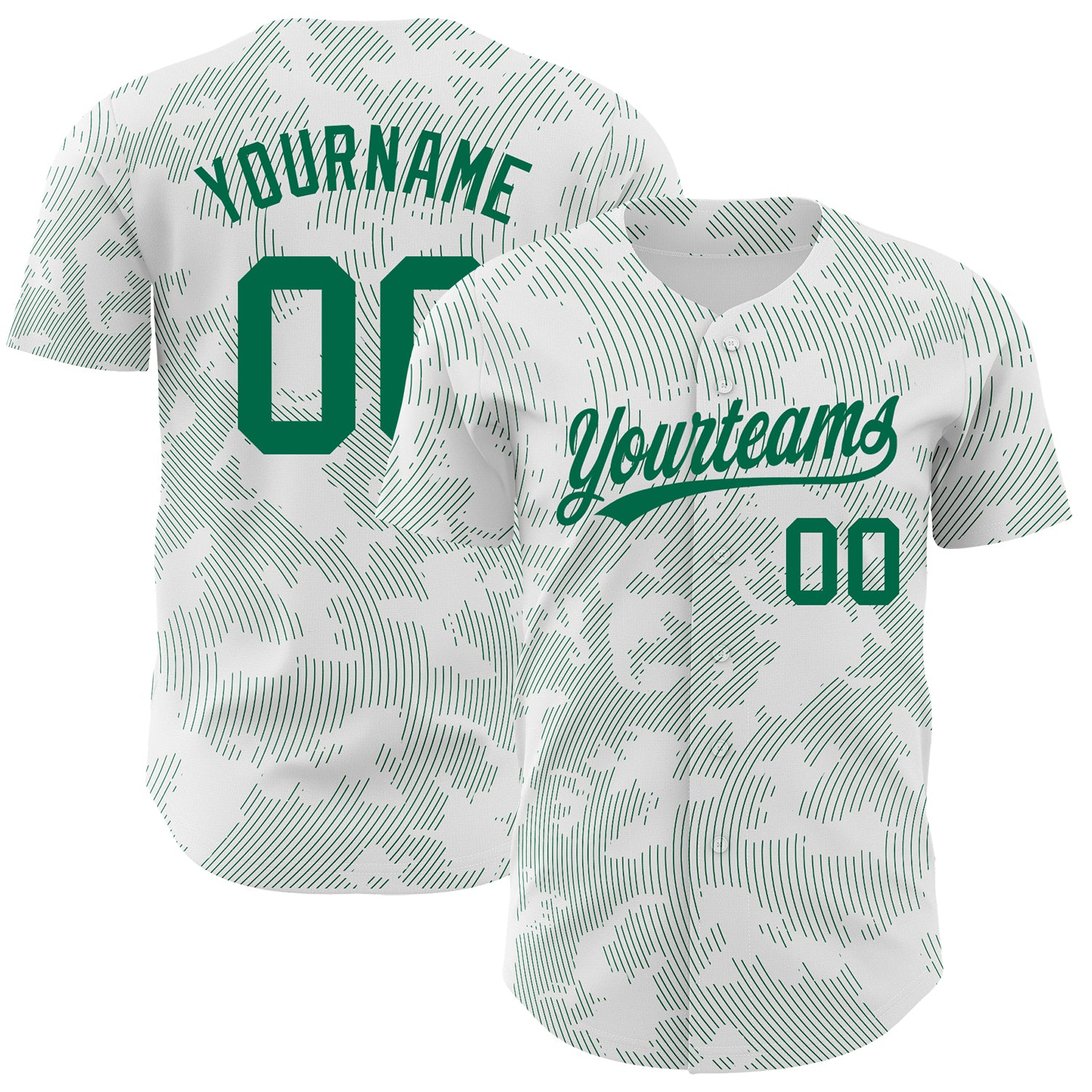 Custom Personalized 3D Pattern Baseball Jersey with Curve Lines, White and Kelly Green - Team Name and Number Personalized