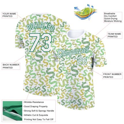 Custom Dollar Sign Money Theme T-Shirt with 3D Pattern, Personalized Team Name & Number - Kelly Green & White Personalized