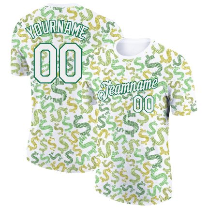 Custom Dollar Sign Money Theme T-Shirt with 3D Pattern, Personalized Team Name & Number - Kelly Green & White Personalized