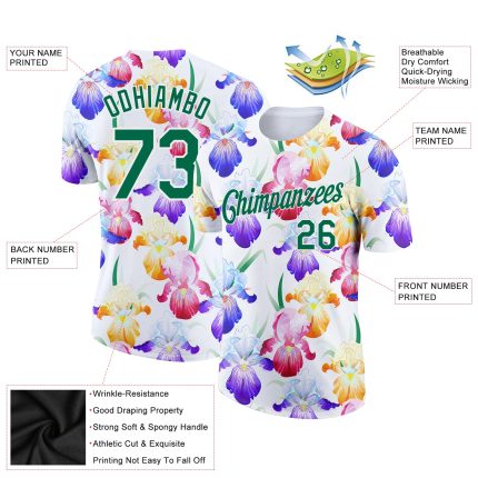 Personalized 3D Pattern Flowers Performance T-Shirt in White and Kelly Green Personalized White Kelly Green 3D Pattern Design