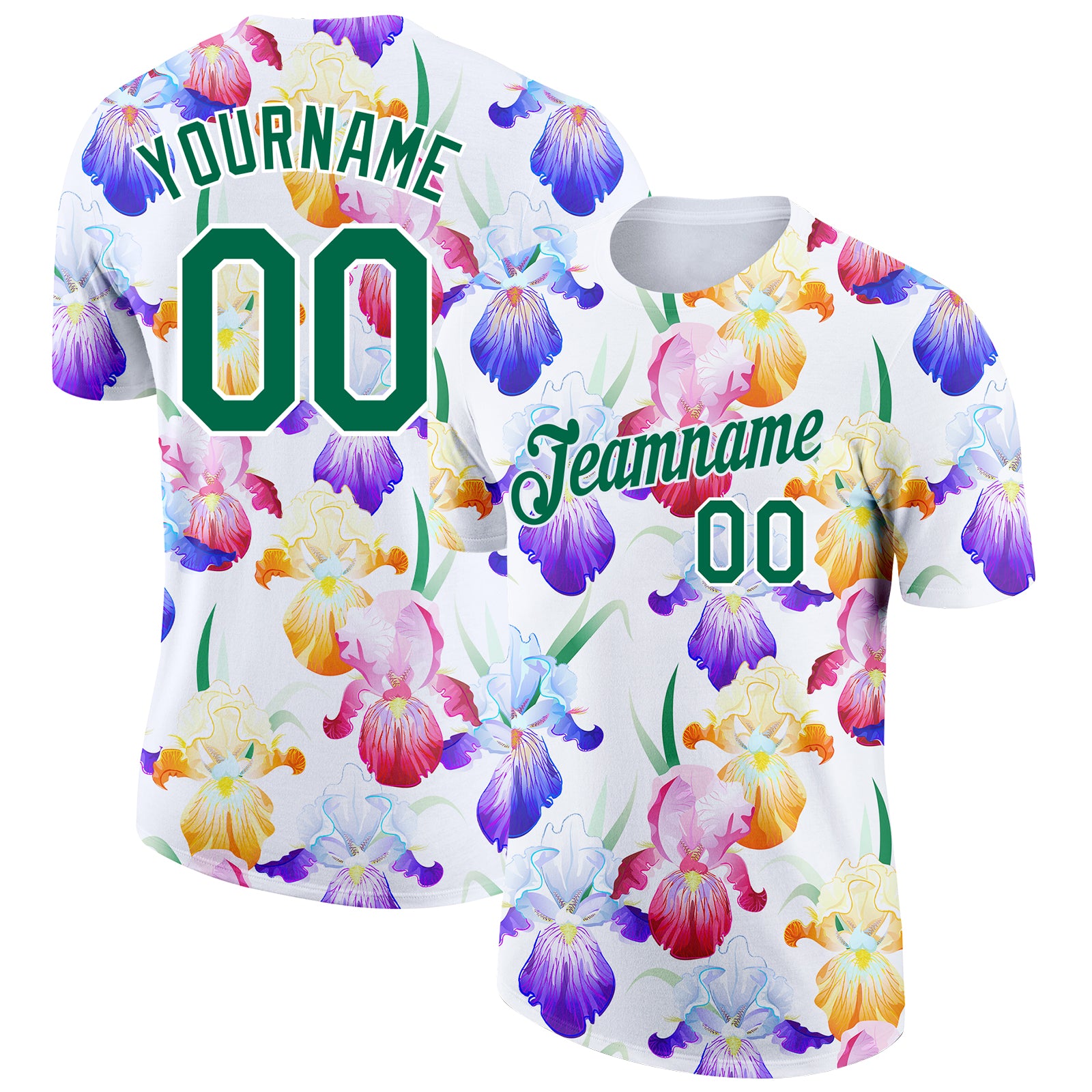 Personalized 3D Pattern Flowers Performance T-Shirt in White and Kelly Green Personalized White Kelly Green 3D Pattern Design