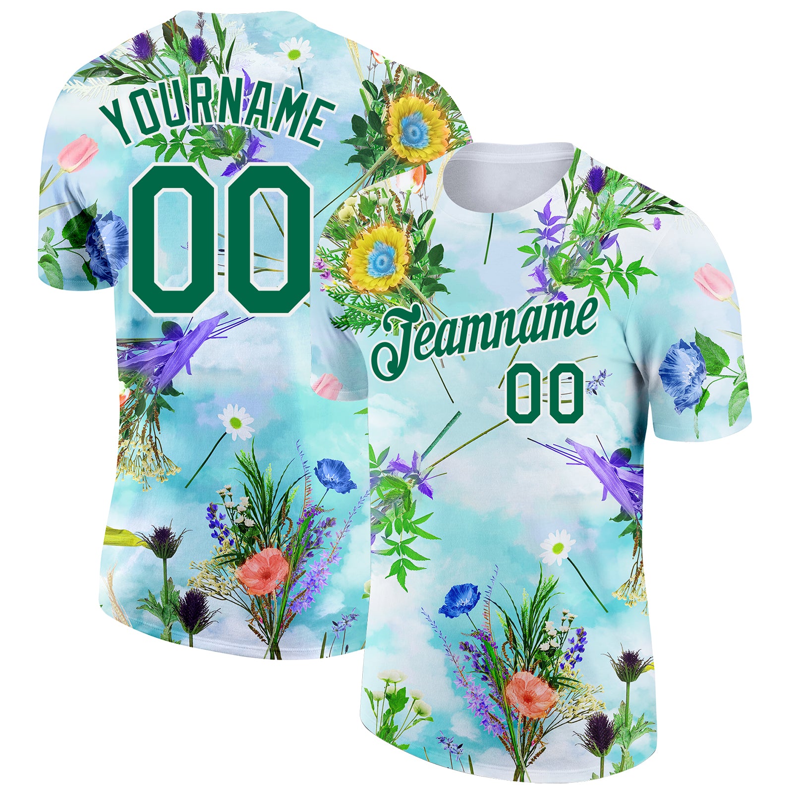 Custom Team Performance T-Shirt with Personalized Name and Number, 3D Floral Design in White and Kelly Green Personalized