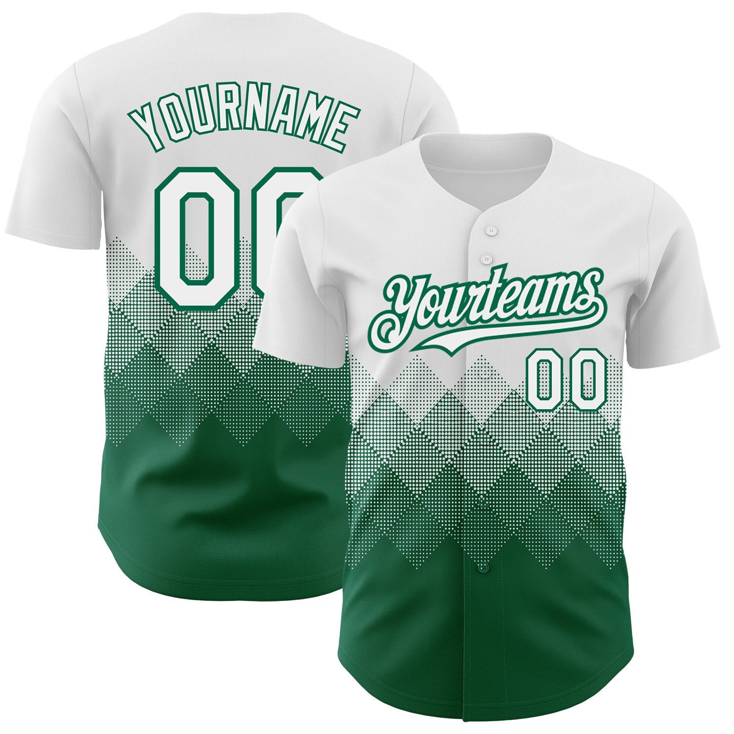 Custom Gradient Square Shapes Baseball Jersey - Personalized White Kelly Green 3D Pattern with Team Name and Number Personalized