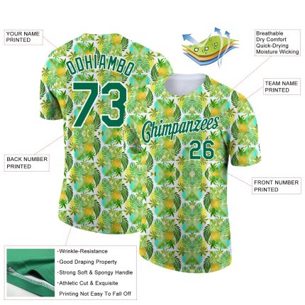Custom Hawaiian Tropical Palm Leaves Pineapple T-Shirt Personalized Team Name & Number - 3D Pattern Performance Shirt Personalized