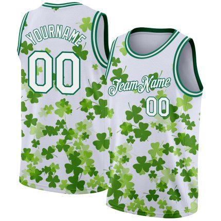 Custom St. Patricks Day Basketball Jersey - Personalized 3D Pattern, White & Kelly Green, Team Name & Number Personalized