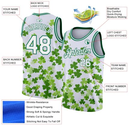 Custom St. Patricks Day Basketball Jersey - Personalized 3D Pattern, White & Kelly Green, Team Name & Number Personalized