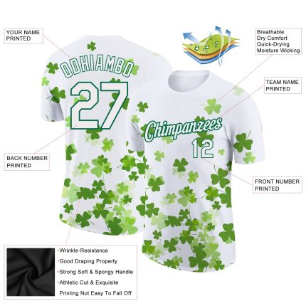 Custom St. Patricks Day Performance T-Shirt with 3D Pattern, Personalized in White and Kelly Green - Team Name & Number Personalized