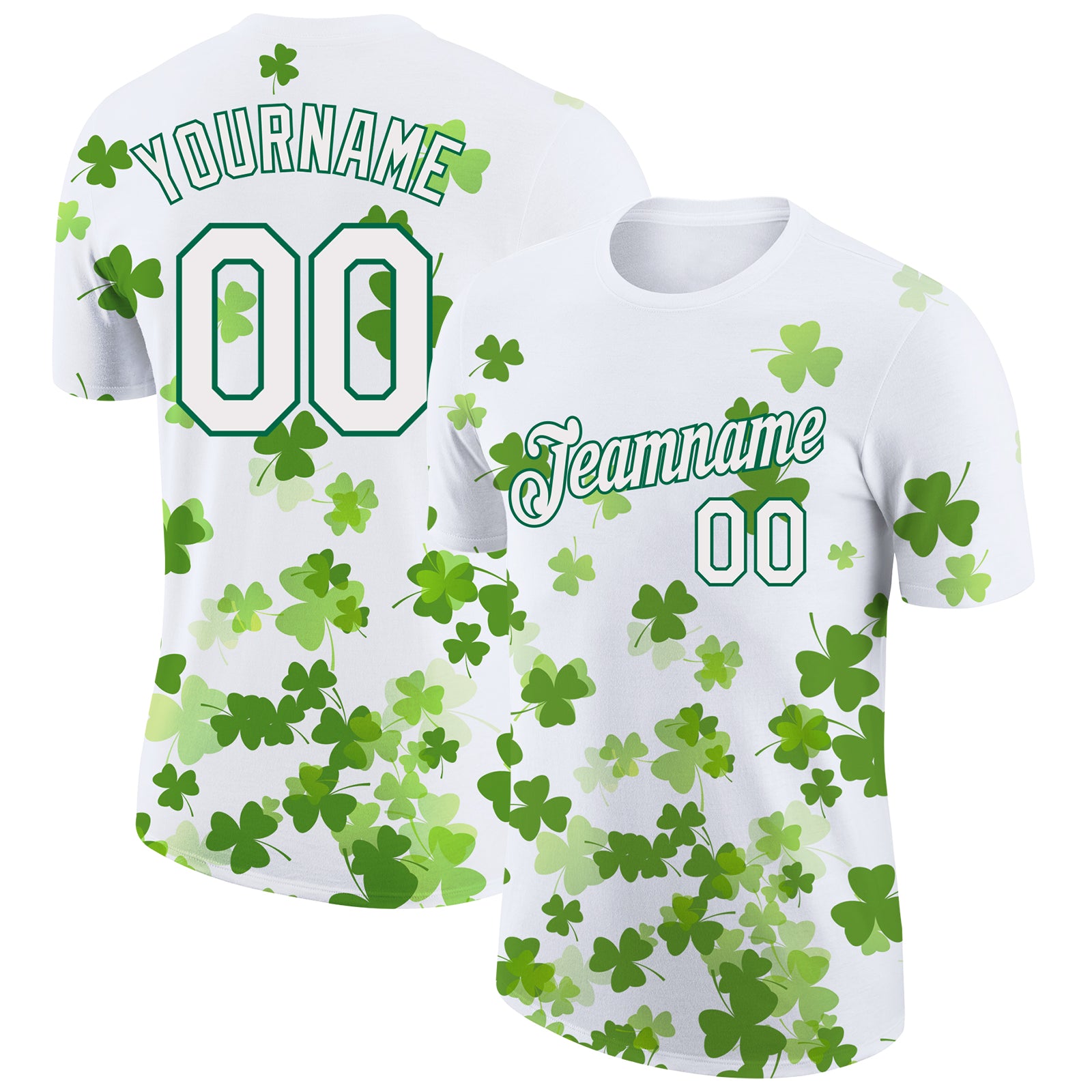 Custom St. Patricks Day Performance T-Shirt with 3D Pattern, Personalized in White and Kelly Green - Team Name & Number Personalized