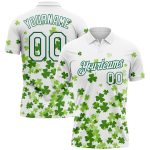 Custom St. Patricks Day Golf Polo Shirt with Personalized Name & Number, 3D Pattern Design in White & Kelly Green Personalized