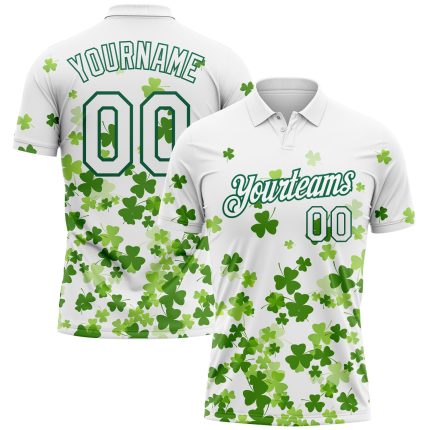 Custom St. Patricks Day Golf Polo Shirt with Personalized Name & Number, 3D Pattern Design in White & Kelly Green Personalized