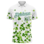 Custom St. Patricks Day Golf Polo Shirt with Personalized Name & Number, 3D Pattern Design in White & Kelly Green Personalized