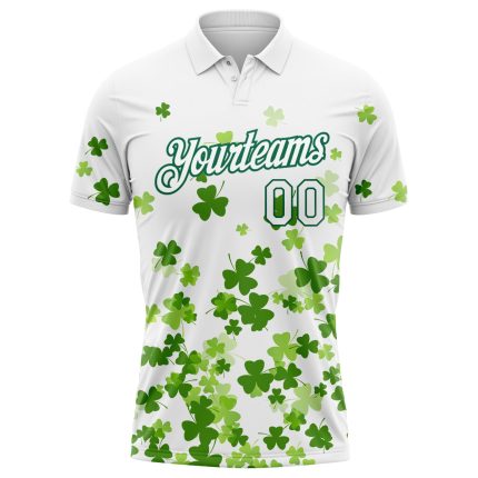 Custom St. Patricks Day Golf Polo Shirt with Personalized Name & Number, 3D Pattern Design in White & Kelly Green Personalized